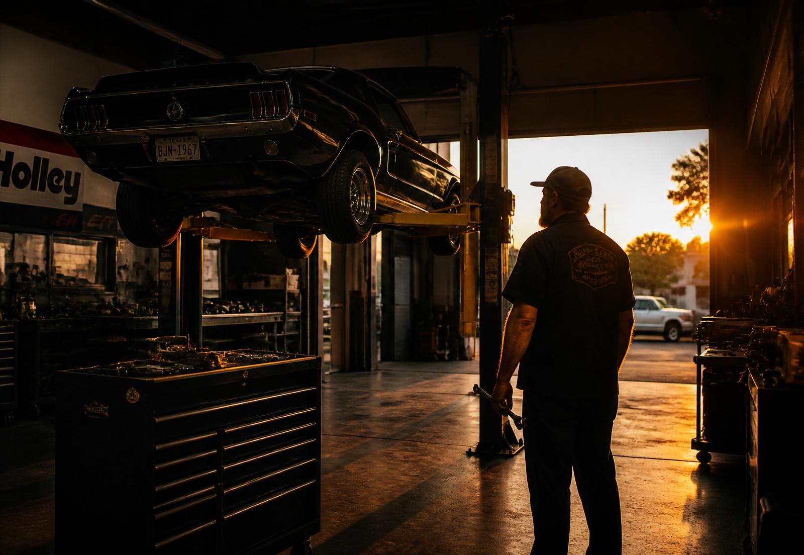 Mechanic at Christo's Automotive Repair with a car raised on a lift at sunset